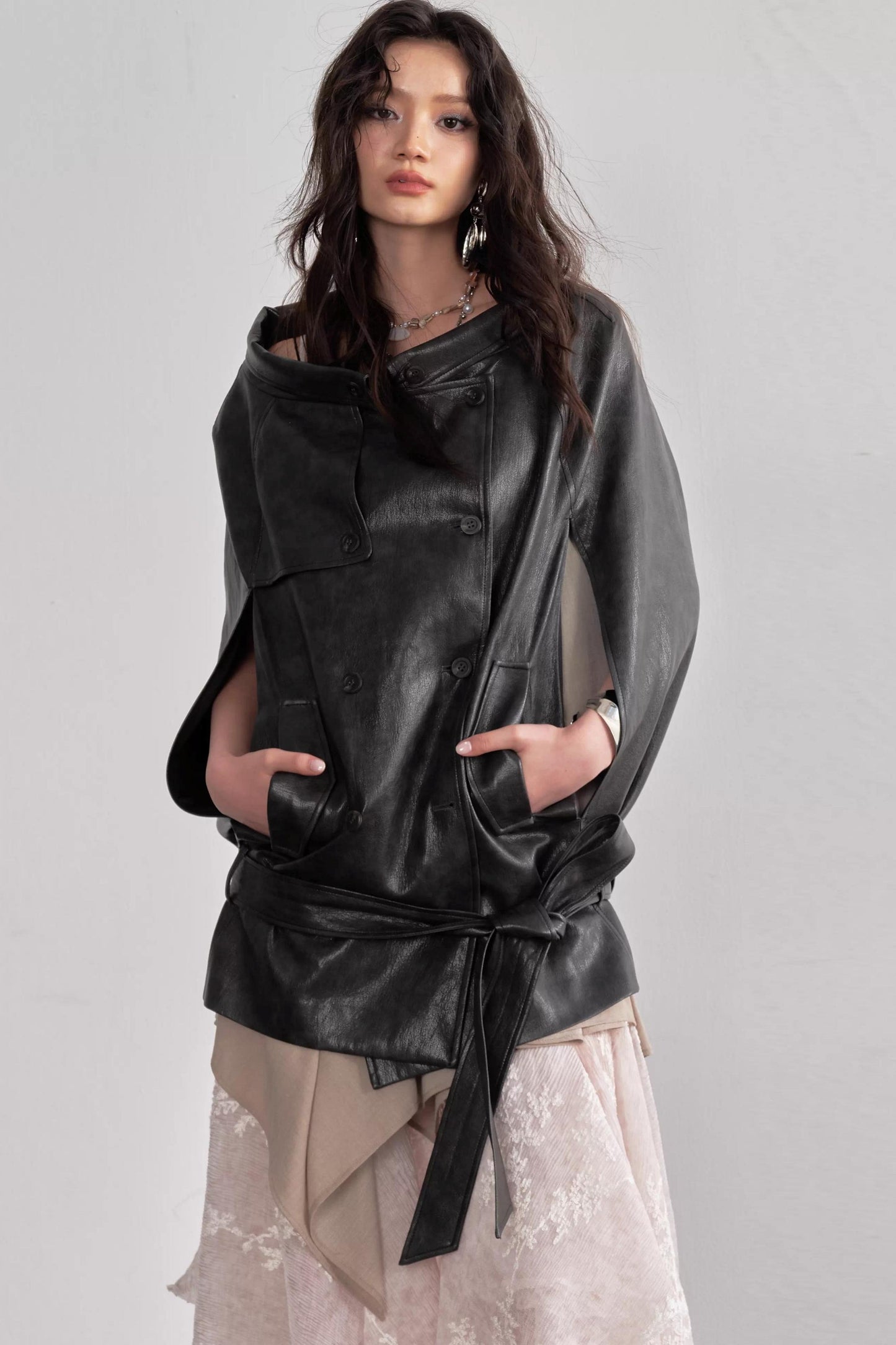 Ebony Brown Leather Cape Coat