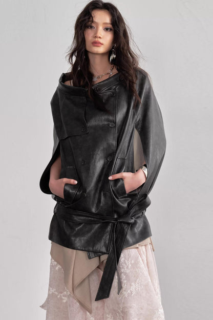 Ebony Brown Leather Cape Coat
