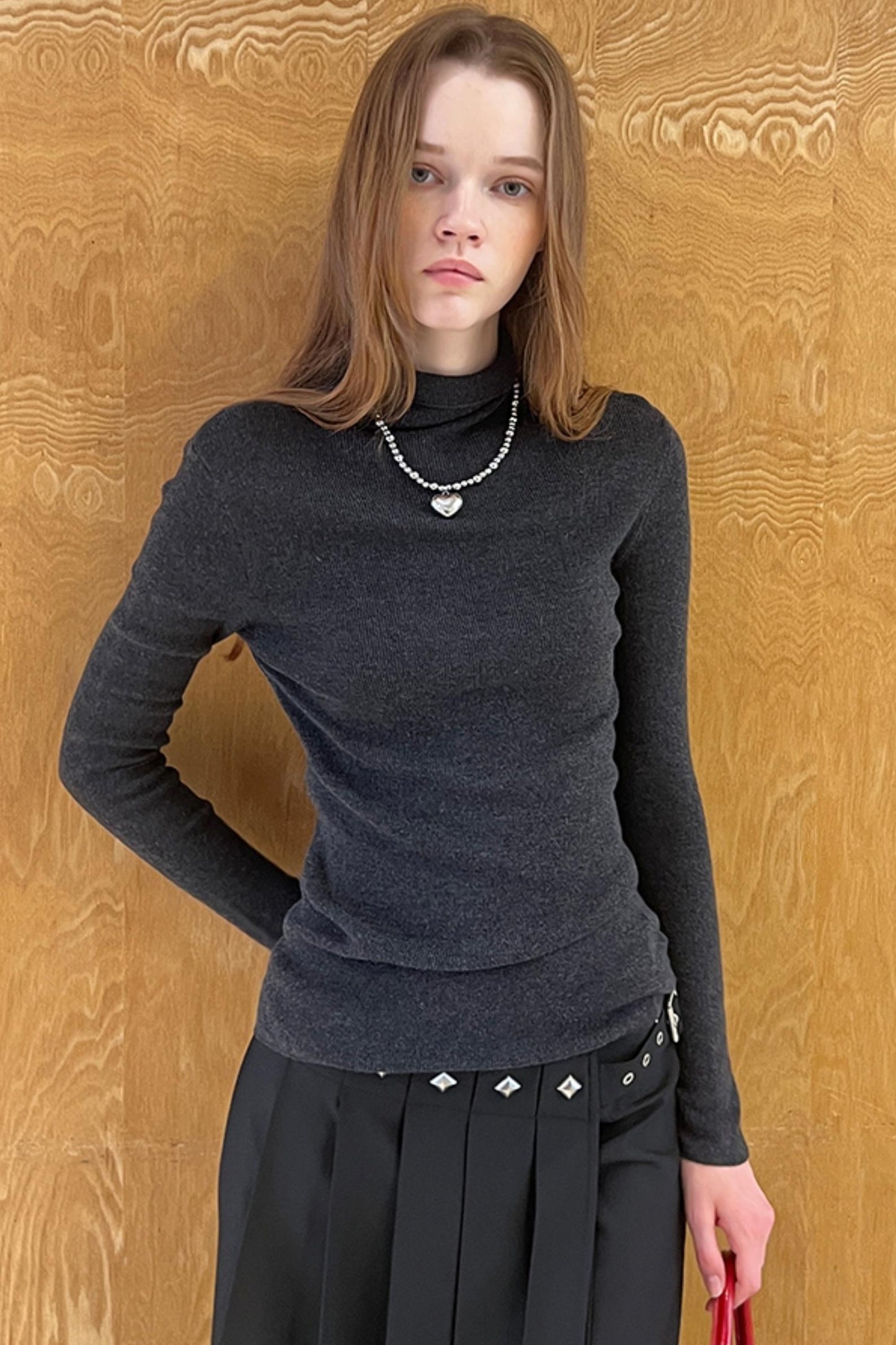 Slim Fit High Neck Wool Knit Top