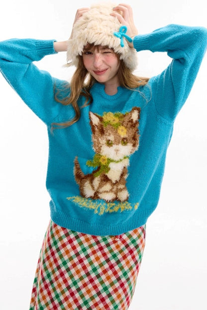 Cat Pattern Blue U Neck Sweater