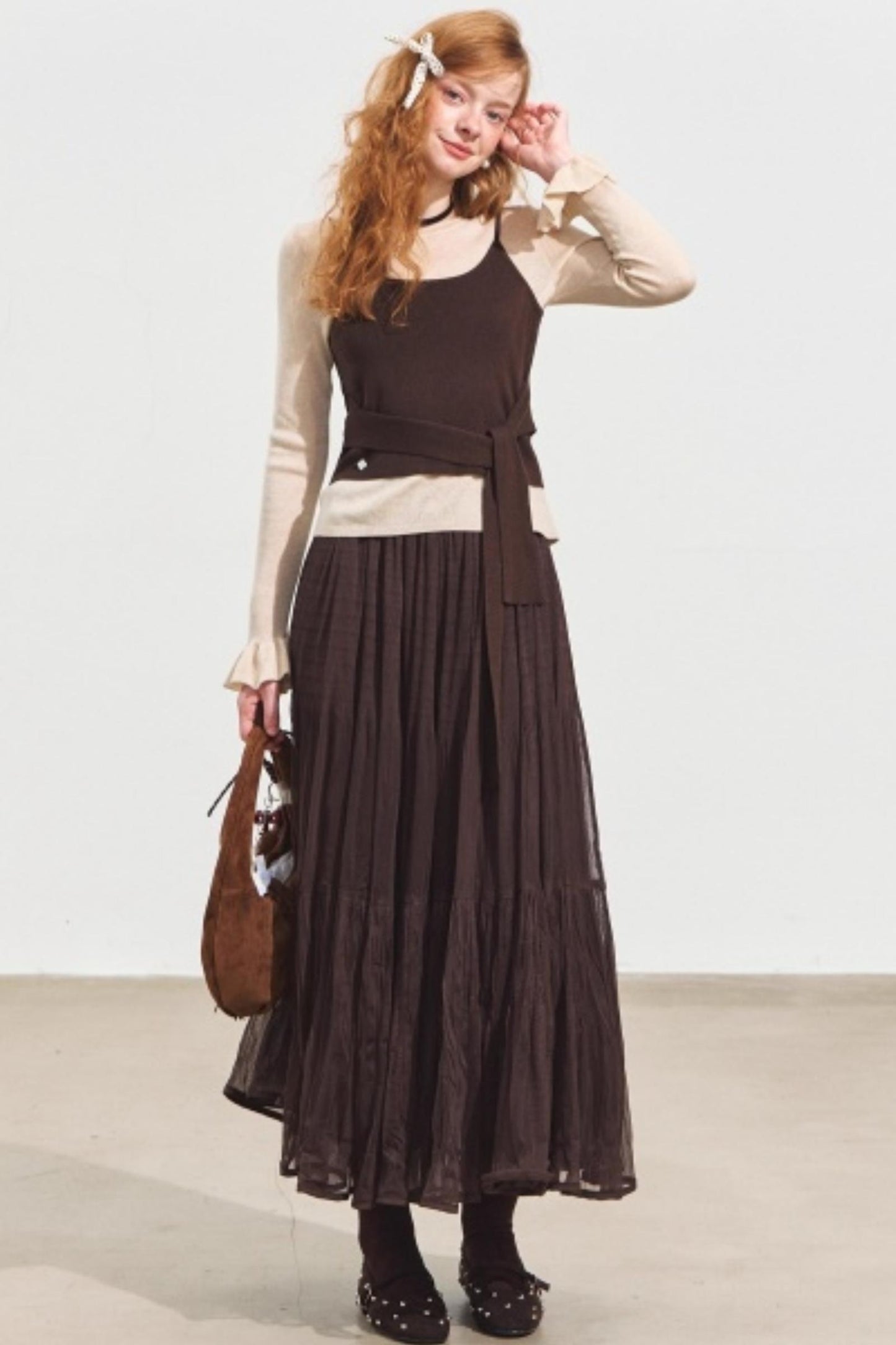 Fake Two Contrasting Tie-Up Sweater