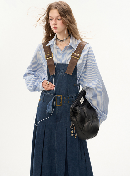 Vintage Denim Pleated Long Bib Dress