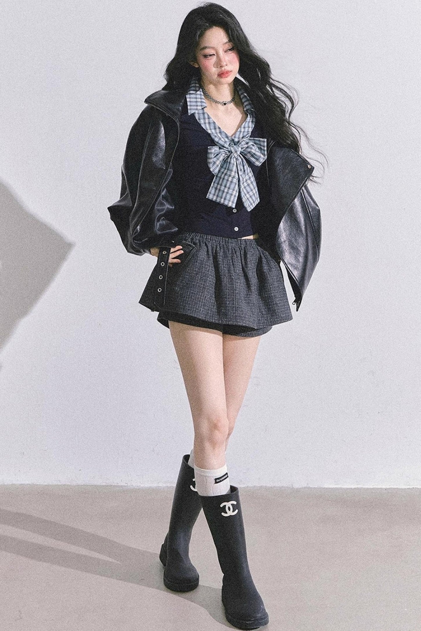 American Long-Sleeved Bow Plaid T-Shirt