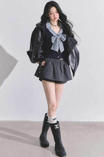 American Long-Sleeved Bow Plaid T-Shirt