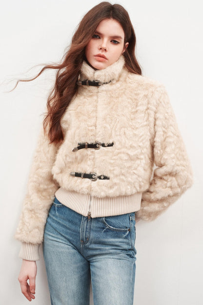 Leather Stand-Up Collar Woolen Short Jacket