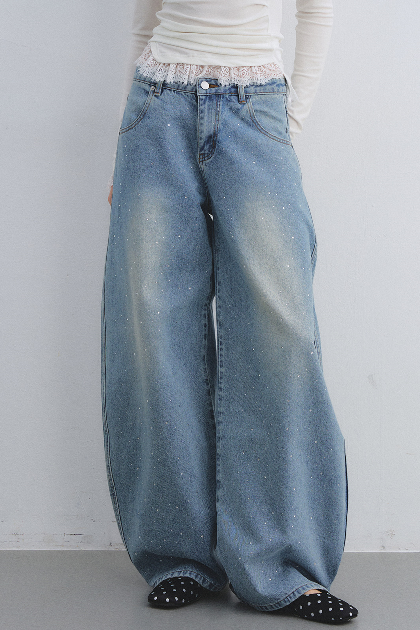 Rhinestone Washed Denim Pants