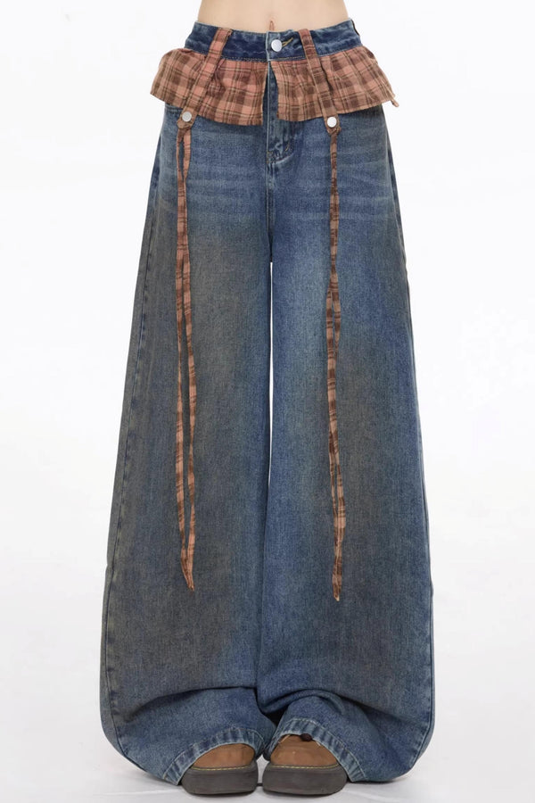 Retro Plaid Patchwork Denim Pants