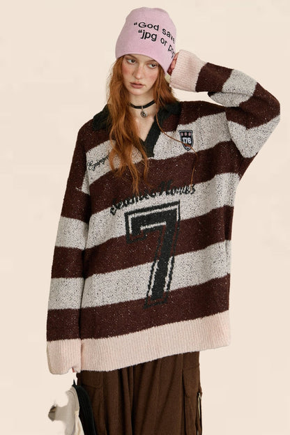 Retro Striped V-Neck Pullover Sweater Top