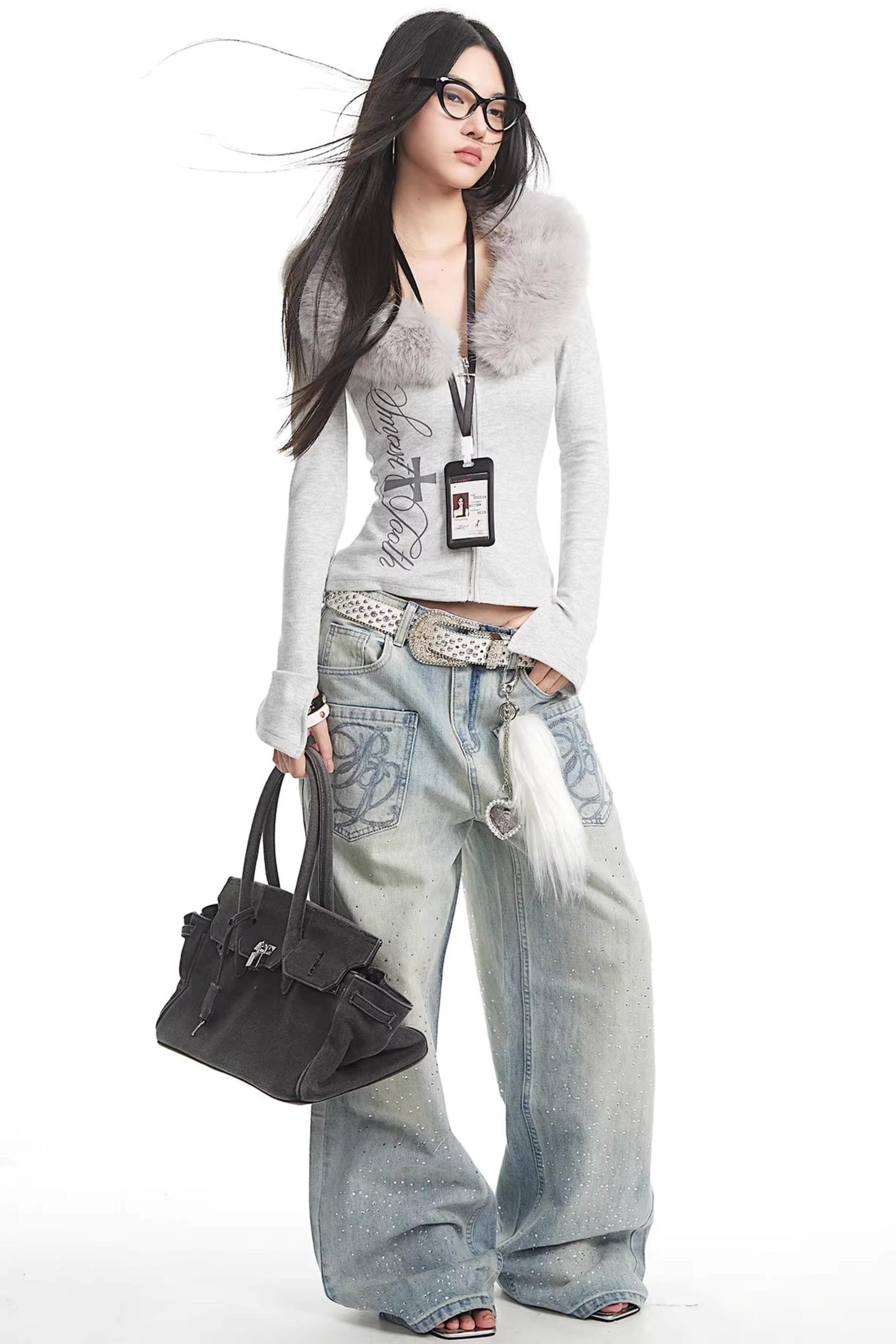 Retro Rhinestone Denim Pants