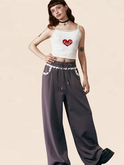 White Trim waist Long Loose Pants