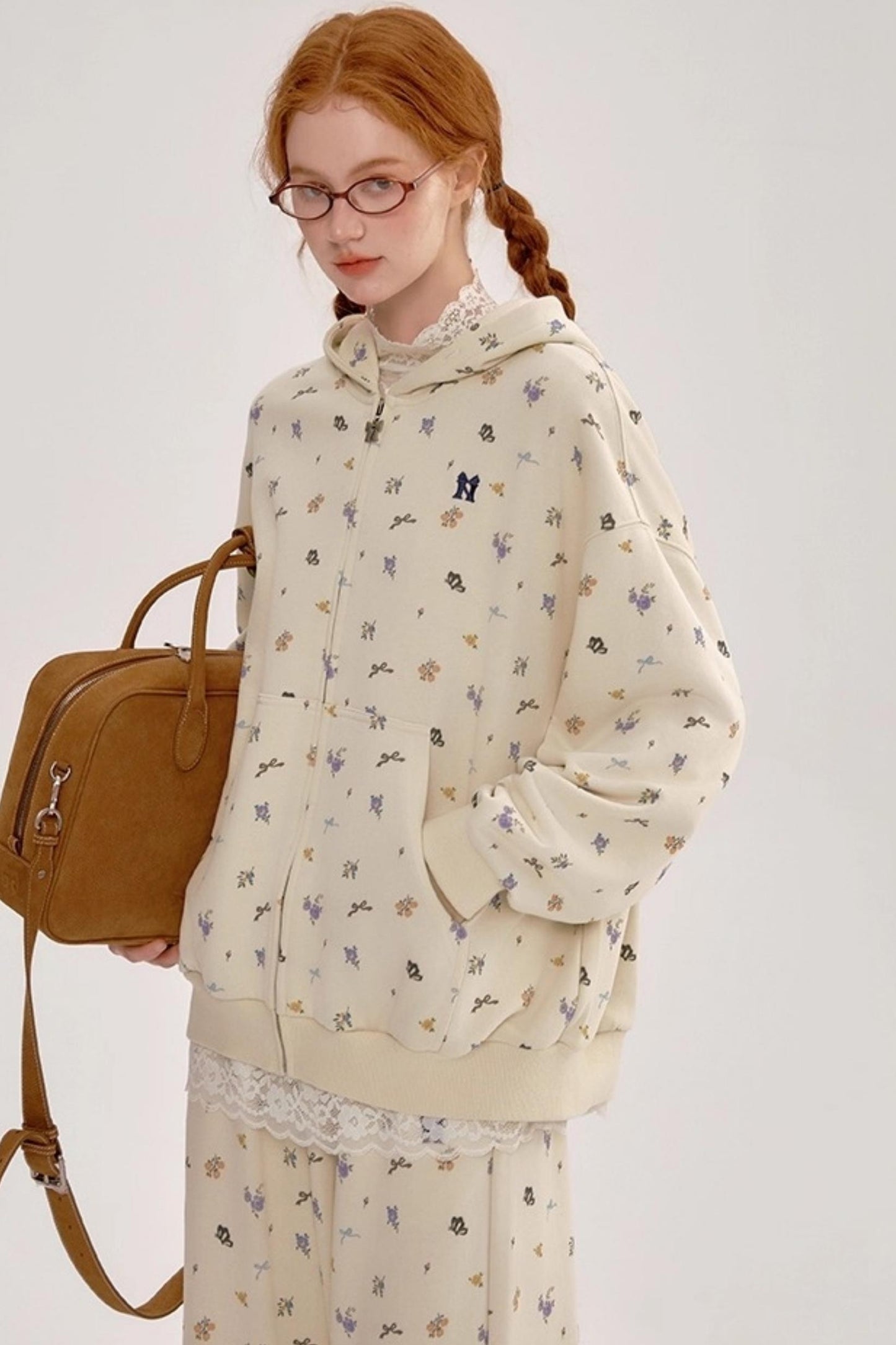 Floral Hooded Sweatshirt Cardigan Set-Up