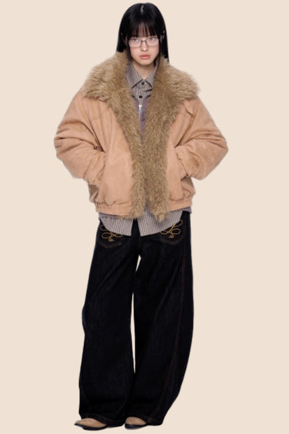 Faux Suede Fur Collar Jacket