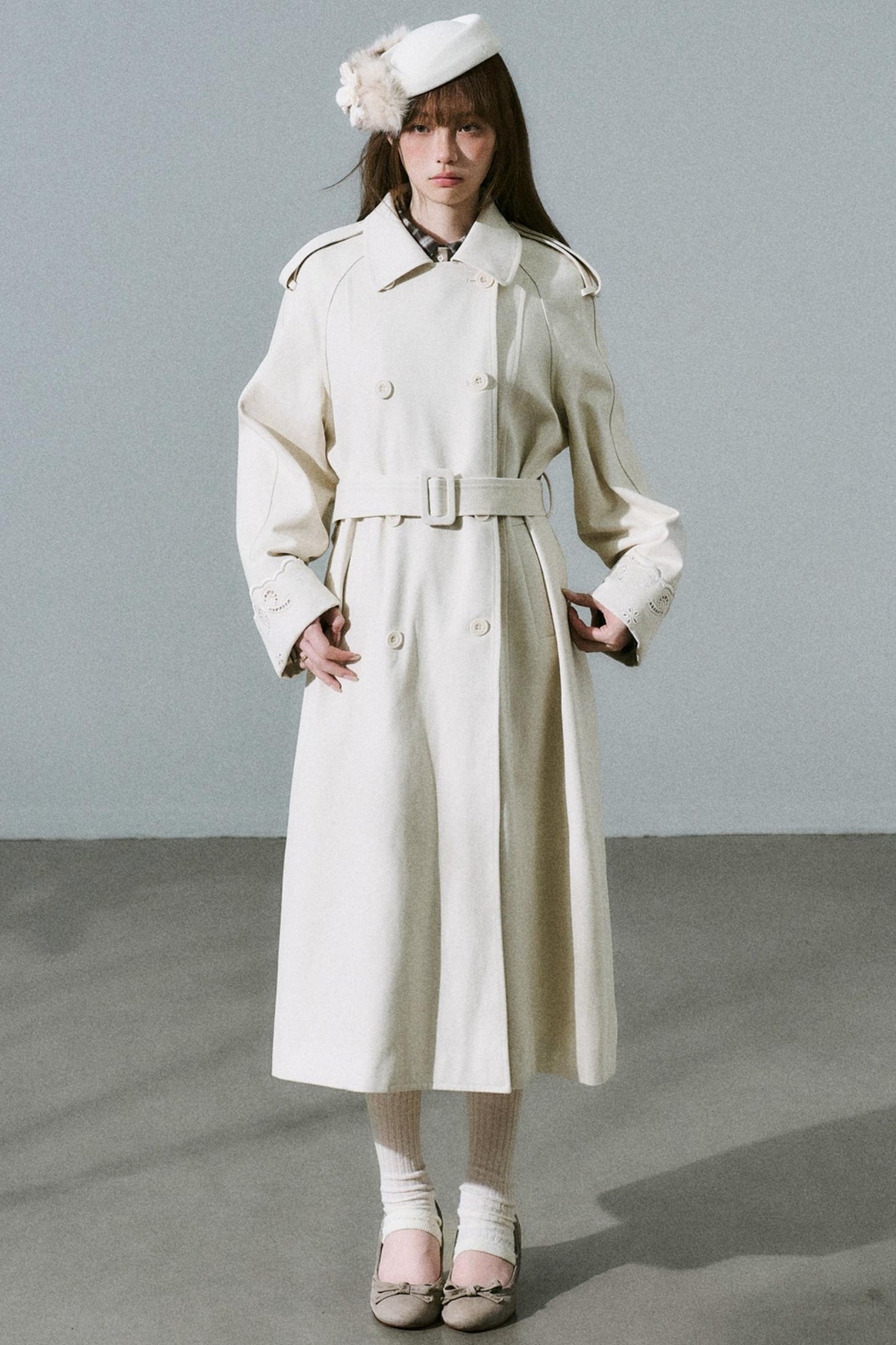 Creamy Hollow Flower Trench Coat