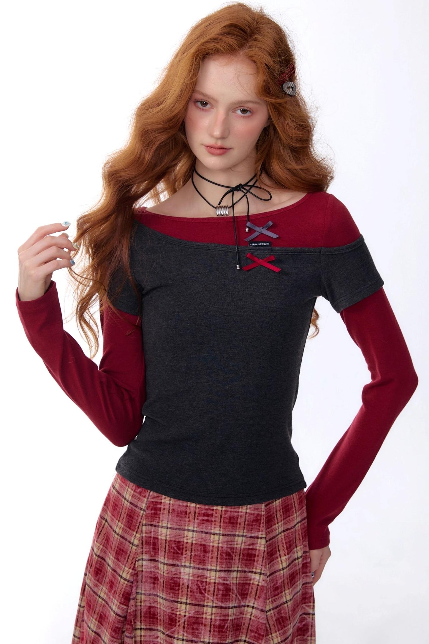 Retro Design Bow Top Long Sleeve T-Shirt