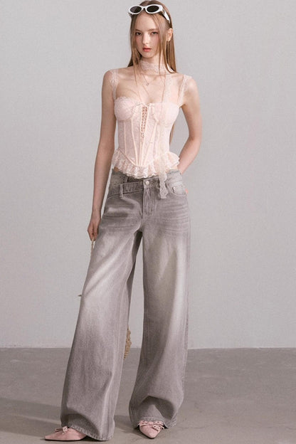 Vintage Lace-Waist Wide-Leg Jeans