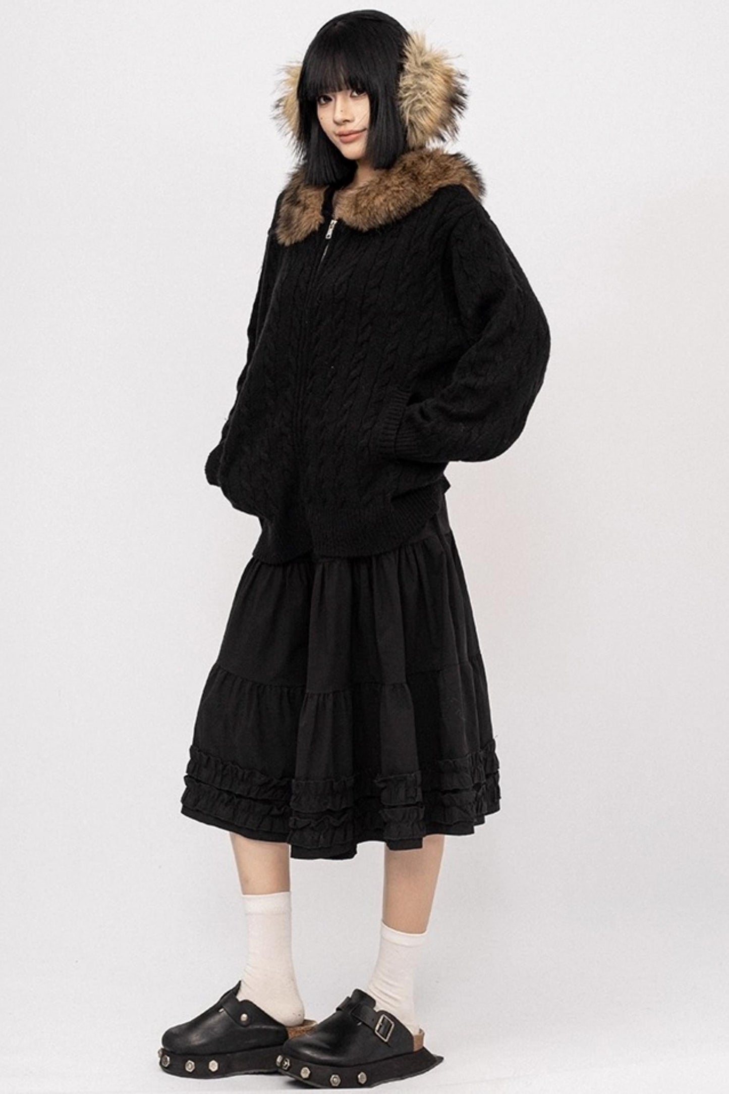 American Vintage Knitted Hooded Black Sweater Jacket