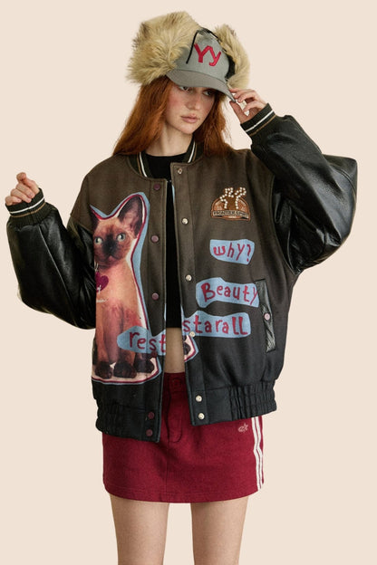 Vintage Dog Print PU Leather Jacket