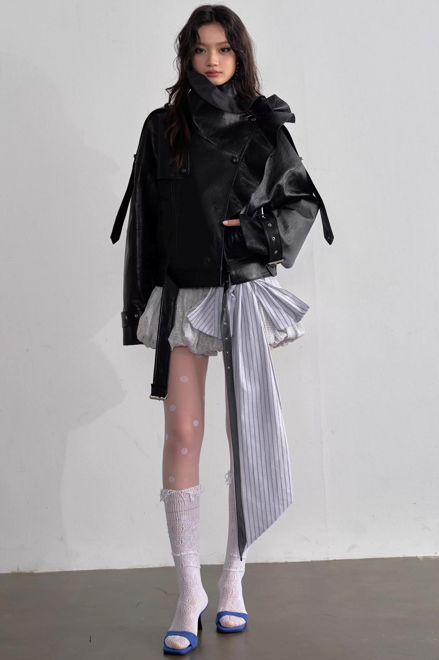 Three-Dimensional Ruffled Faux Leather Jacket