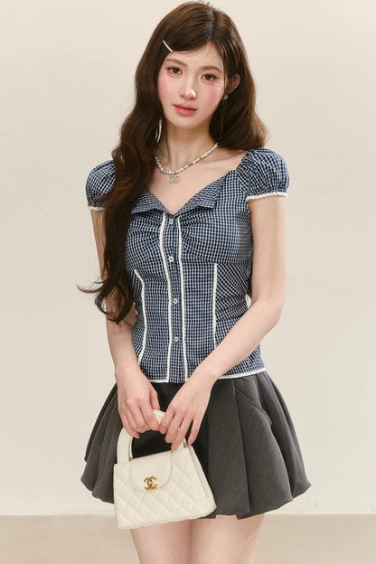 Lace Plaid Puff Sleeve Blouse