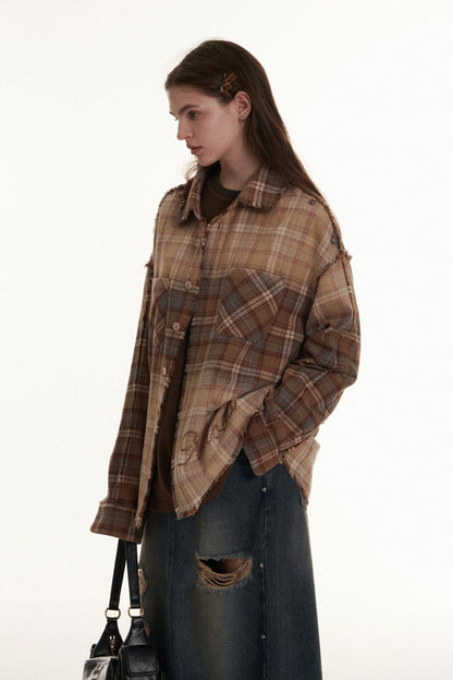 Spray Color Raw Edge Check Casual Shirt