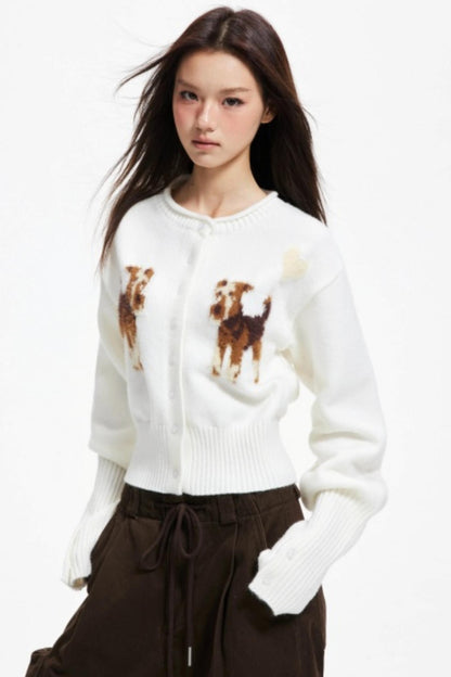 Puppy Jacquard Cropped Cardigan