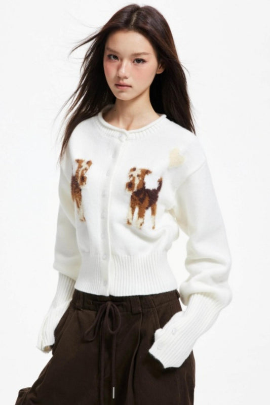 Puppy Jacquard Cropped Cardigan