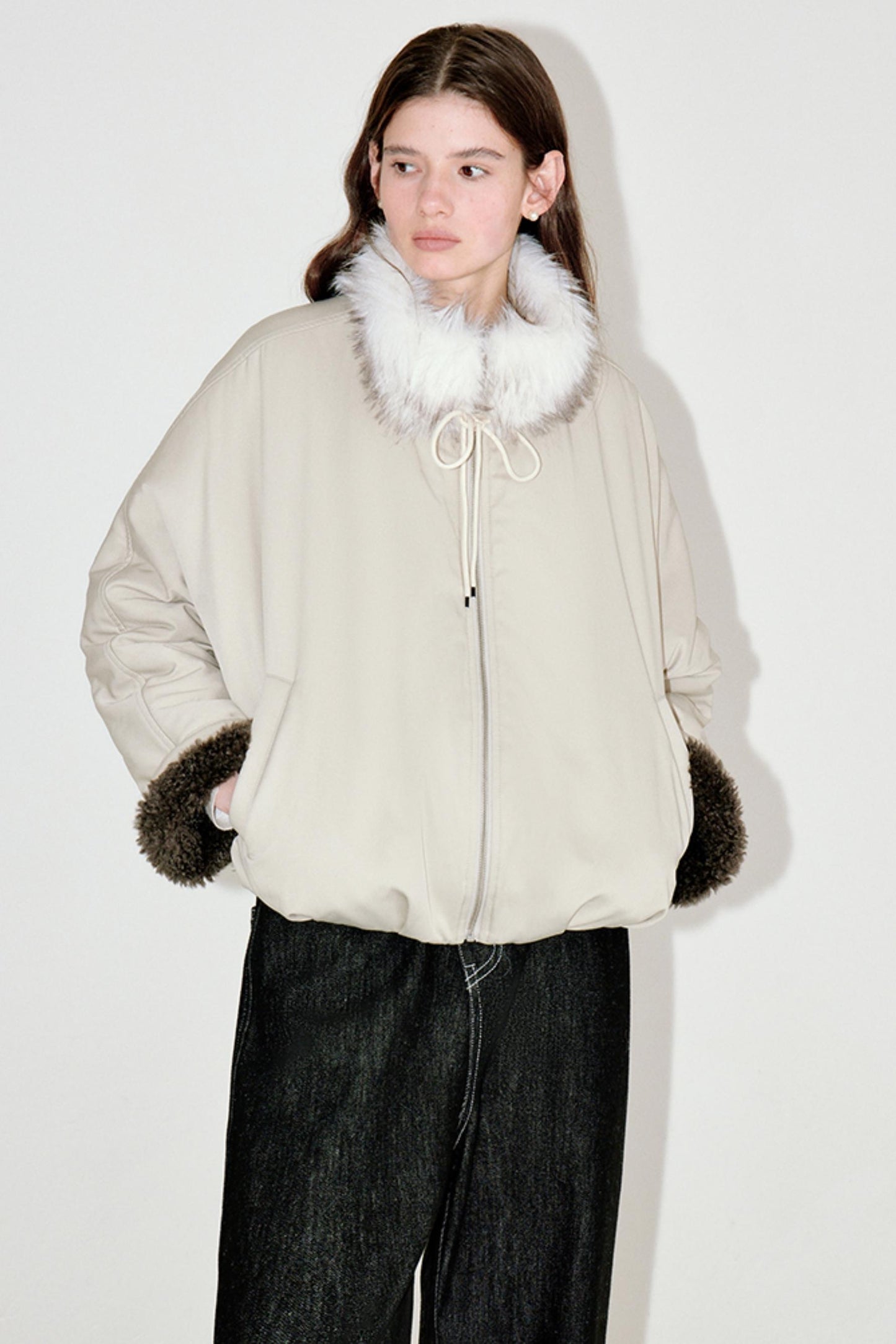 Beige Floral Fur Collar Jacket