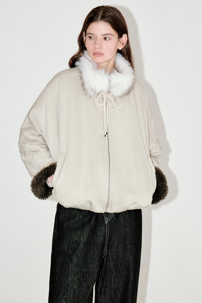 Beige Floral Fur Collar Jacket