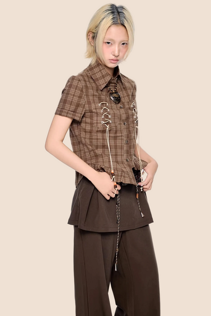 Plaid Asymmetrical Hem Blouse