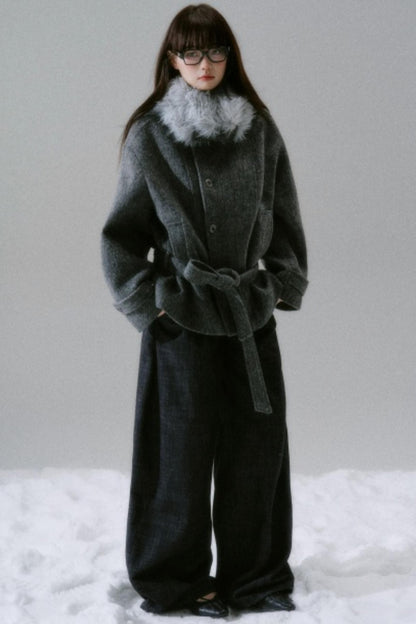 Bow Fur Collar Wool Coat
