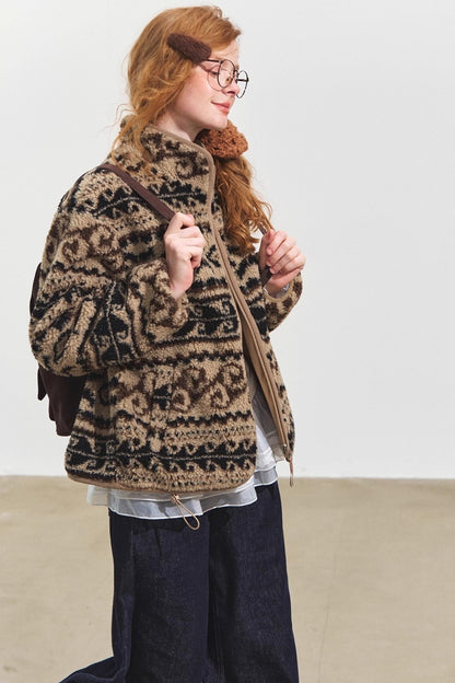 Fleece Jacquard Stand-Up Collar Coat