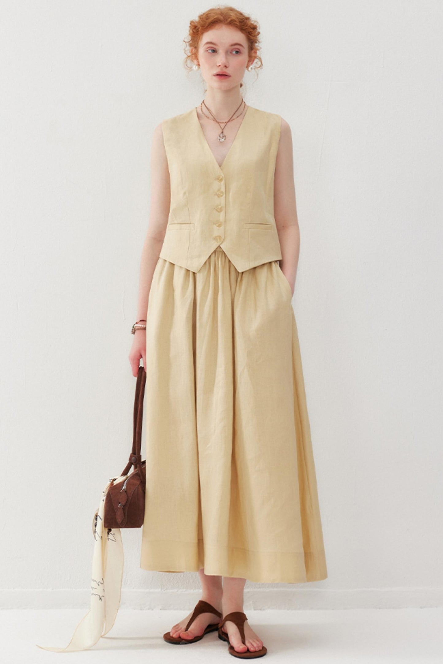 Elegant V-Neck & Pleated Skirt Set