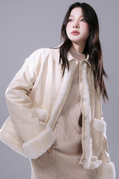 COTRE oak cream wool panelled leather coat