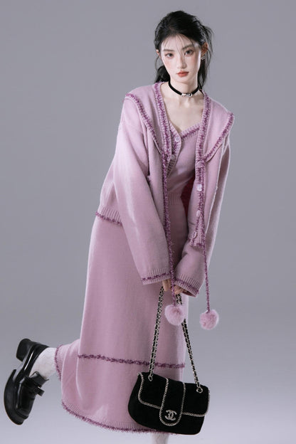 Pink Purple Fleece Wool Dress Set-UP