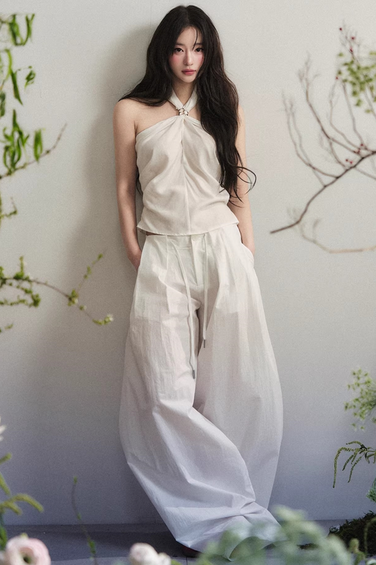 White Tencel Knotted Top Matching Set
