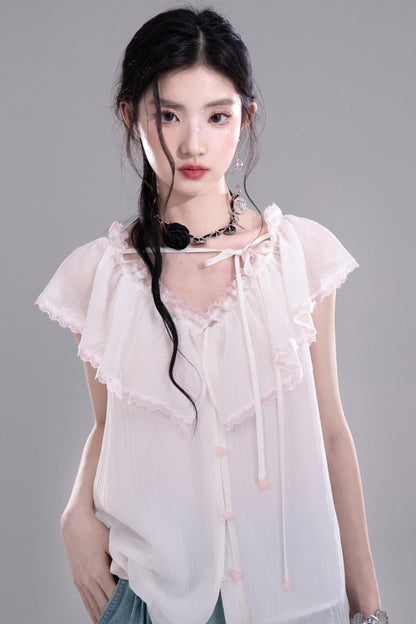 Sea Lace V-Neck Chiffon Top
