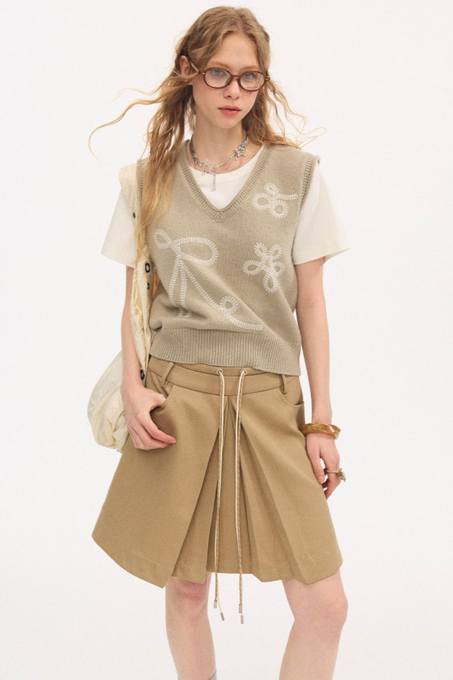 Color-Block Tie Pleated Skirt