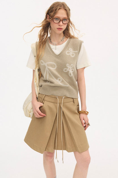 Color-Block Tie Pleated Skirt