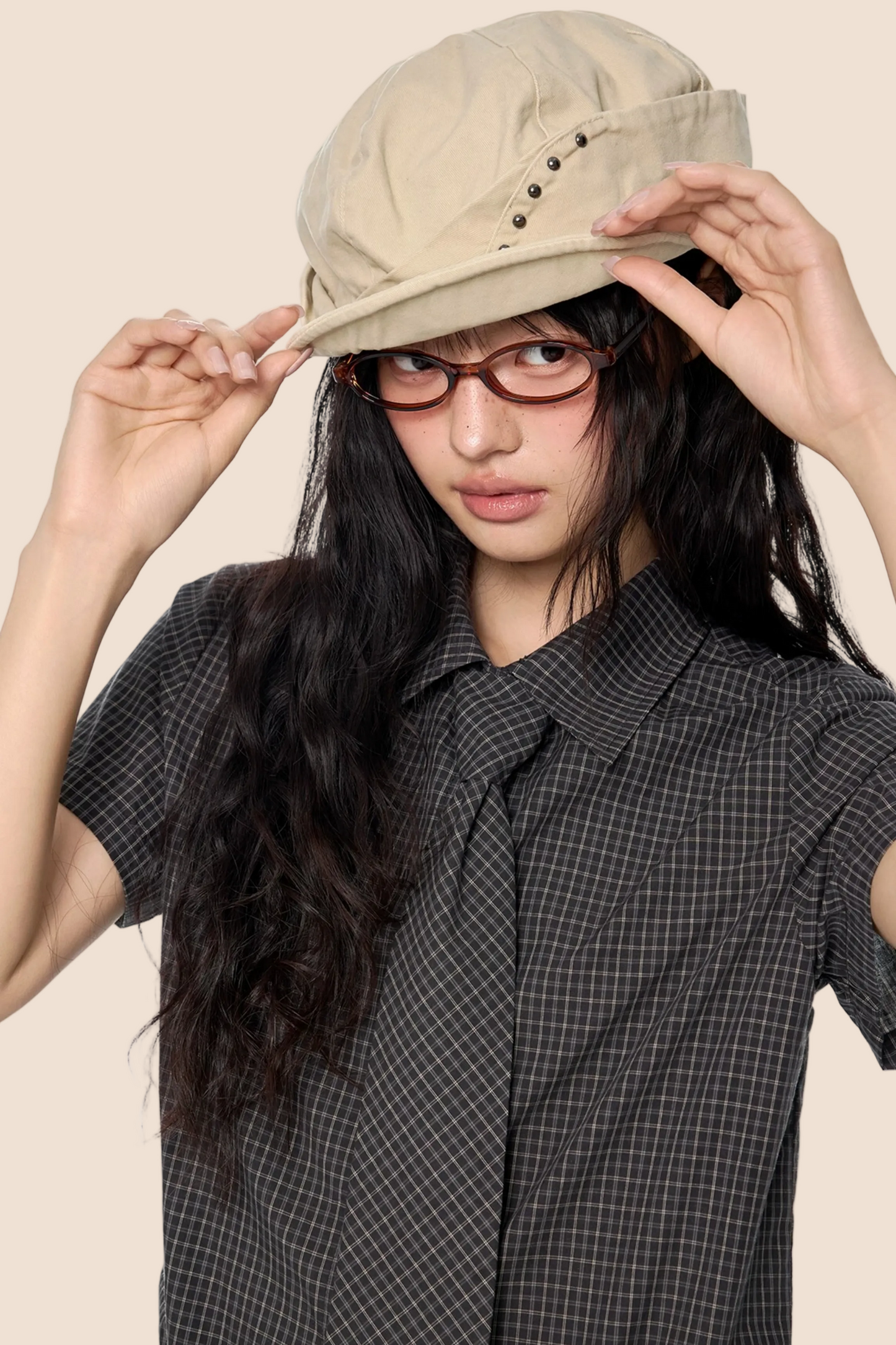Kariertes Retro-Blusenset mit schmaler Passform und Falten