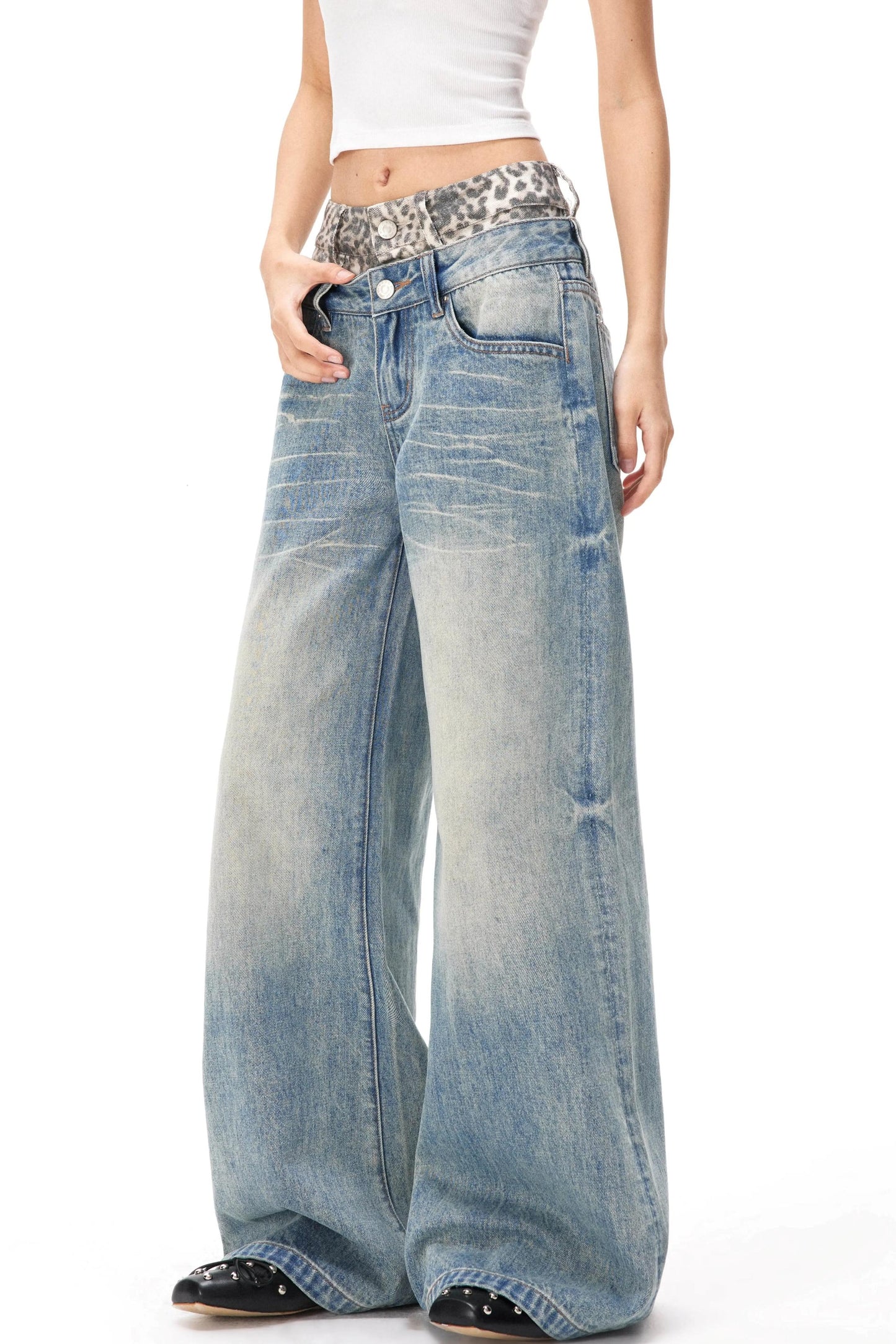 Retro Leopard Print Blaue Jeanshose