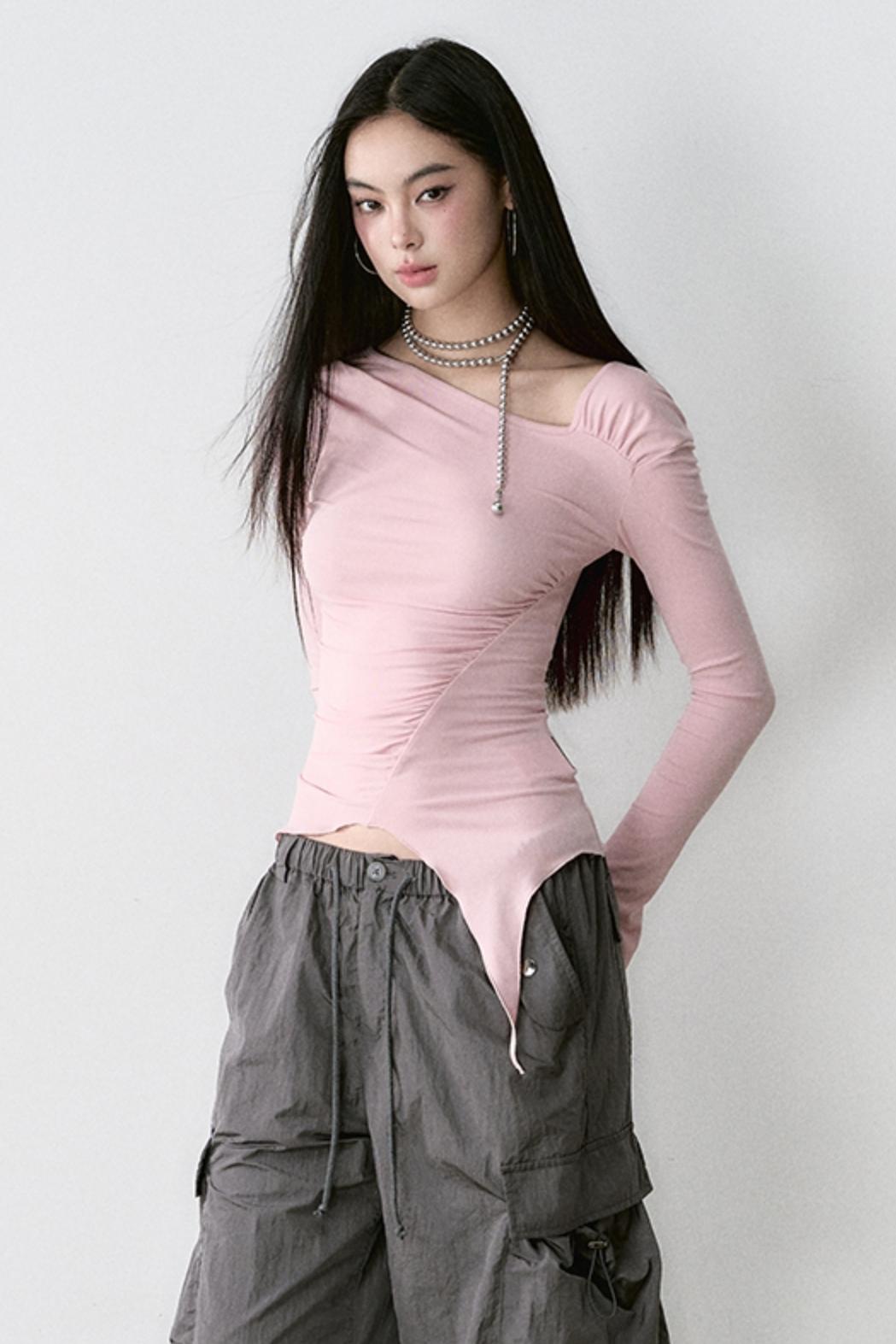 Slanted Shoulder Irregular Long Sleeve Top