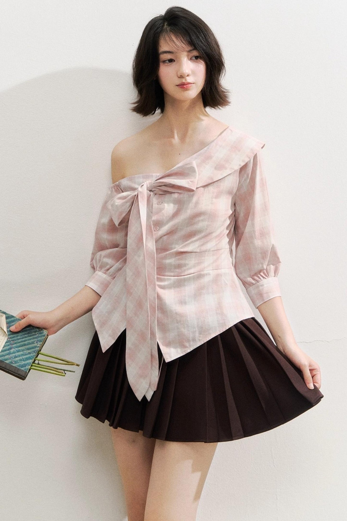 Plaid Bow One-Shoulder Waist Shirt