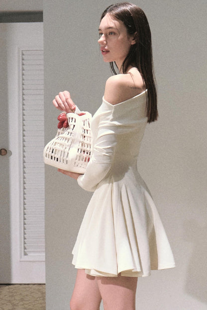 Slanted Shoulder Embroidered Short Dress