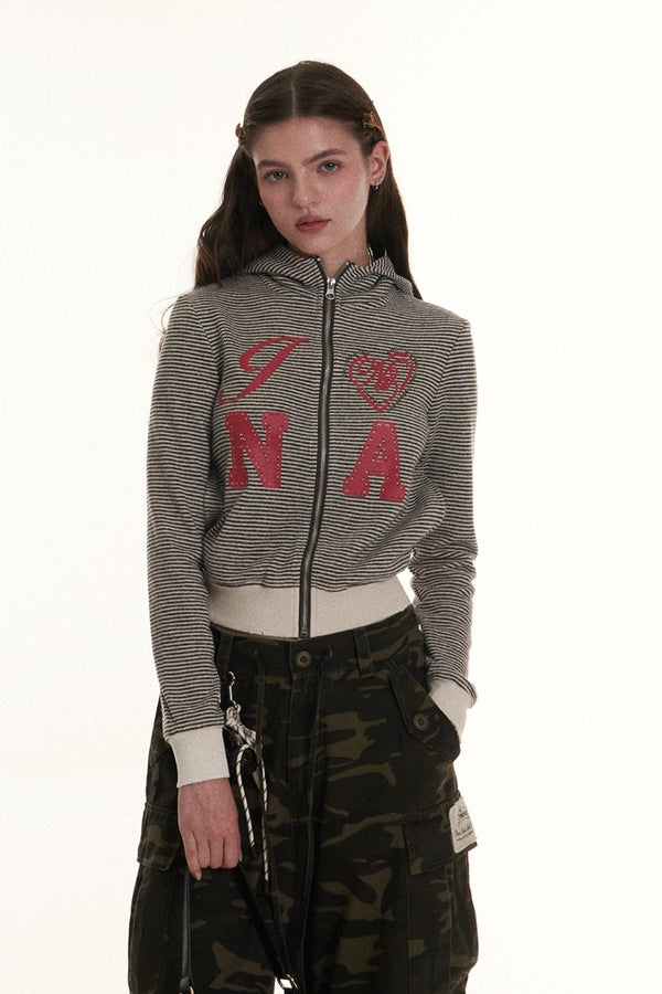 Grau und Weiß Gestreifter Bedruckter Cardigan-Jacke 