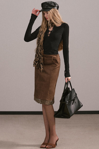 Retro Faux Suede Belted Skirt