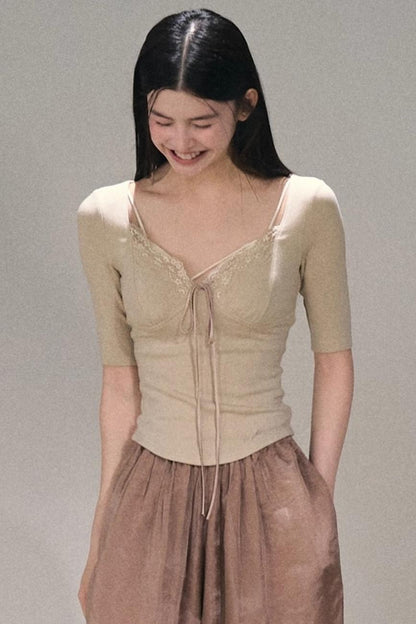 Taste of Cardamom Lace Knit V-Neck Top