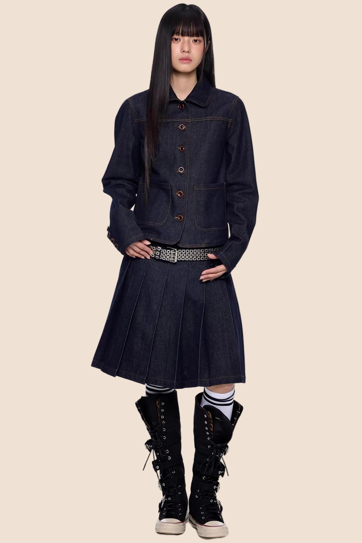 Retro Denim Faltenrock Anzug Set