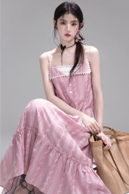 Peach Blossom Lace Suspenders Dress