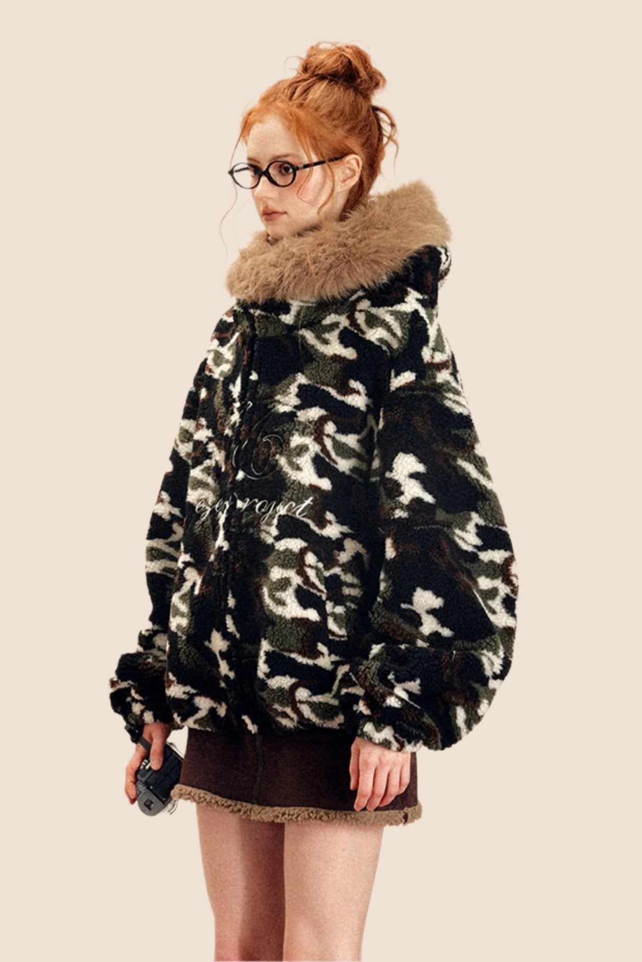 EZEK AMERICAN RETRO FUR COLLAR HOODED CAMOUFLAGE LAMB WOOL COAT WOMEN'S FLEECE THICKENED AUTUMN AND WINTER NEW COTTON CLOTHING TIDE