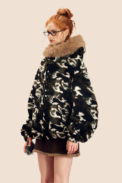 EZEK AMERICAN RETRO PELZKRAGEN KAPUZENMANTEL CAMOUFLAGE LAMMWOLLE MANTEL DAMEN FLEECE VERDICKT HERBST UND WINTER NEUE BAUMWOLLE KLEIDUNG FLUT